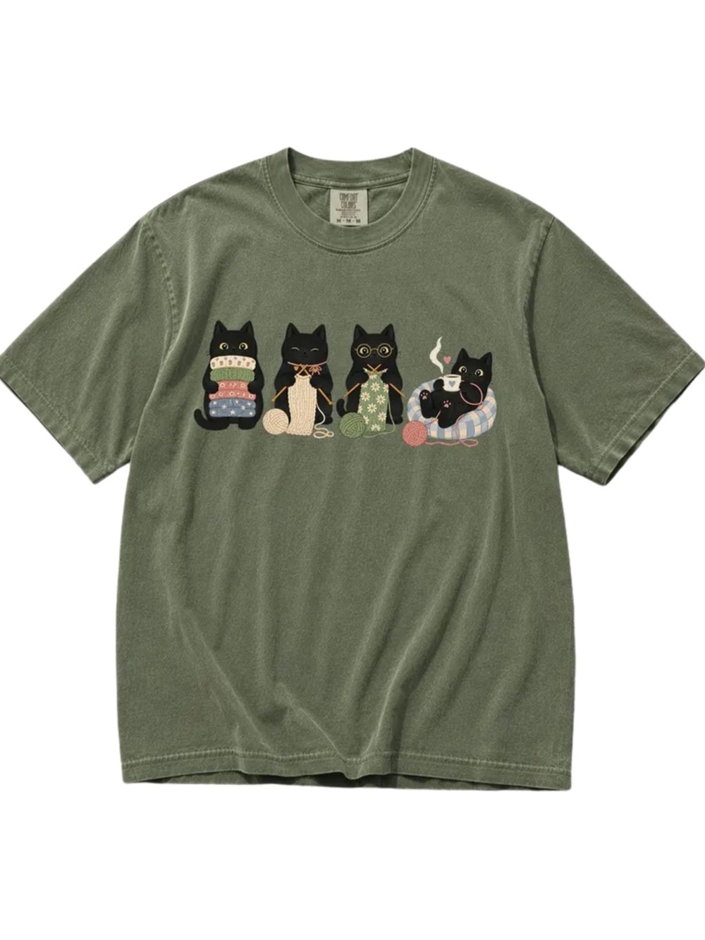 Comfort Colors Moss Green Short Sleeve Tee with Black Cat Graphic